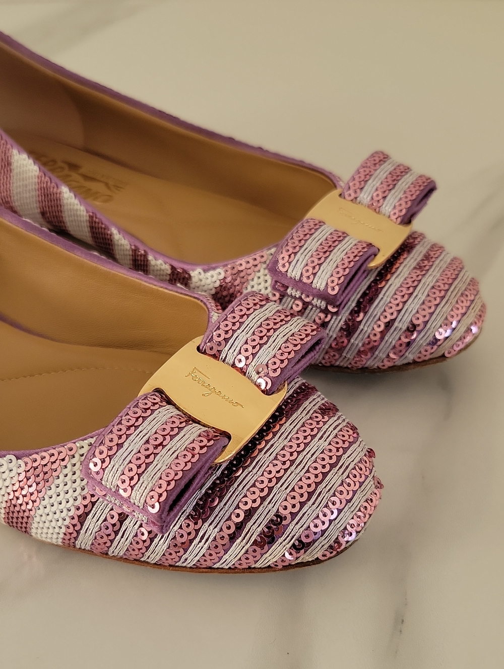 Salvatore Ferragamo Pink & White Sequined Bow Ballet Flats - Picture 10 of 16